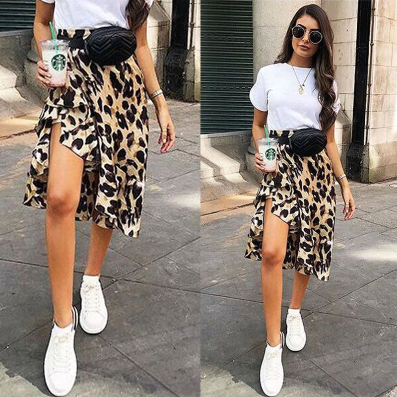 Women Leopard Print High Waist Skirt Ladies Evening Party Mini Skirts Lace Up Ruffles Pencil Skirts Sexy Women Skirt Hot Fashion