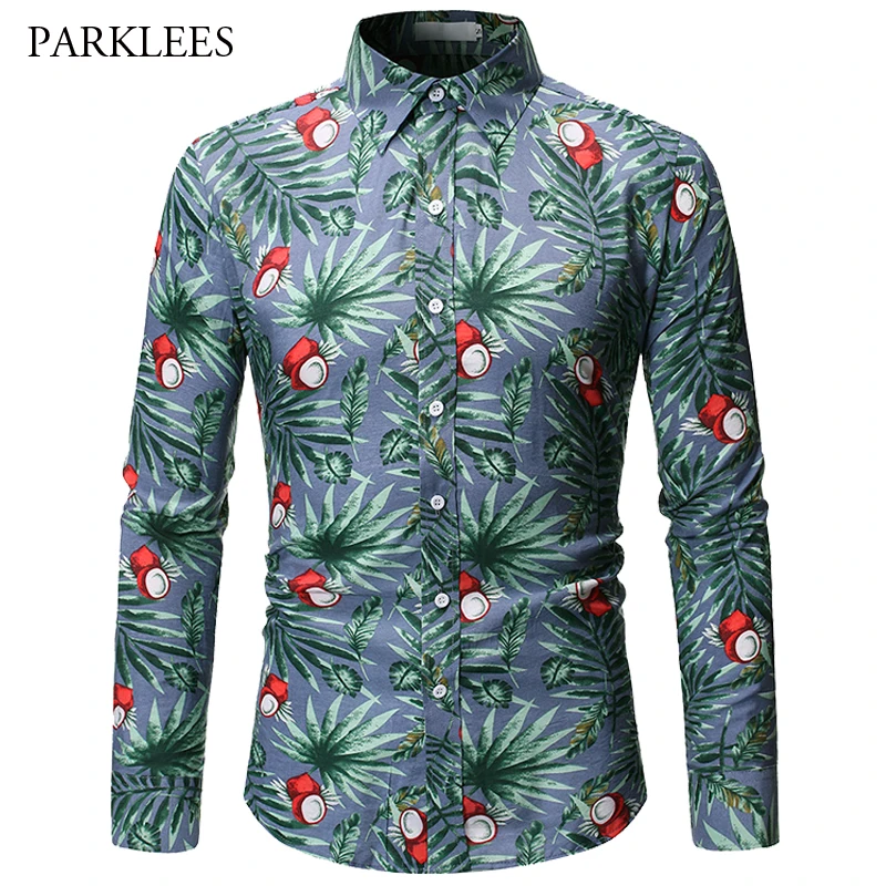 

Autumn Coconut Pattern Floral Men's Shirt Hawaii Beach Long Sleeve Men Button up New Casual Shirt Cotton Print Slim Shirt hombre