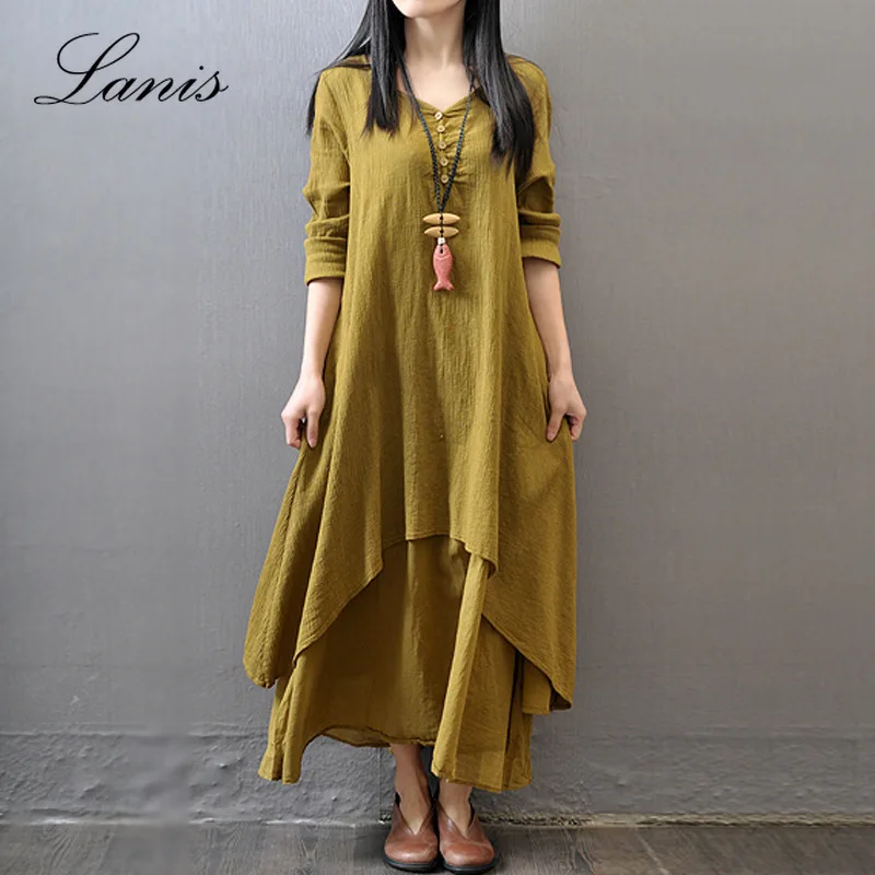 

2018 Spring and Autumn Holidays Two Pieces of Long Ladies Art Flax Dress Loose Long Sleeves Cotton and Hemp 5xl Size Dress