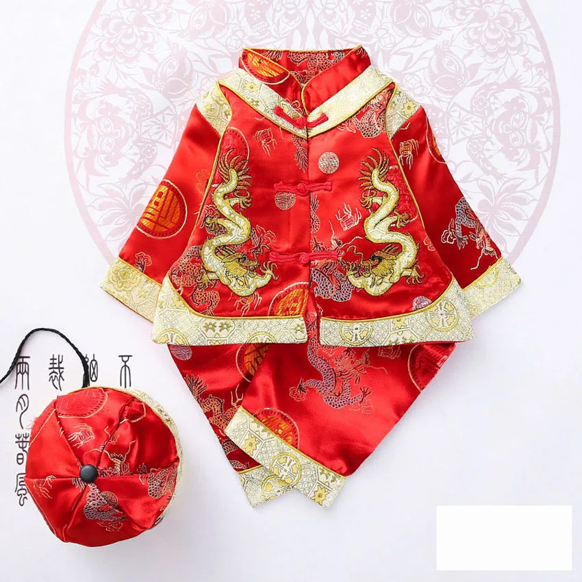

Kids Girls Embroidery Dragon Pattern Tang Suit Chinese Traditional Lucky Costumes Set for Newborn Baby Boys New Year with Cap