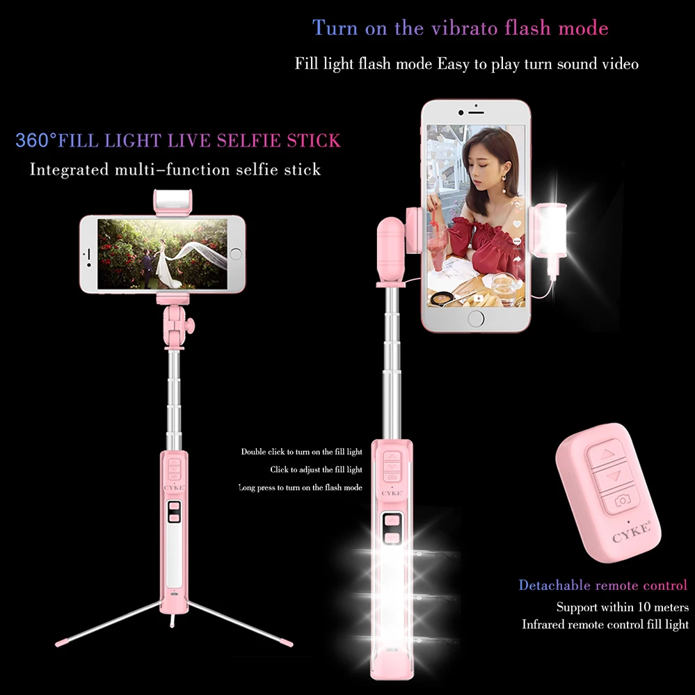 Cyke Selfie Stick Wireless Bluetooth Remote Shutter Extendable Phone Selfie Stick Tripod With Beauty Fill Light For Android Ios (5)