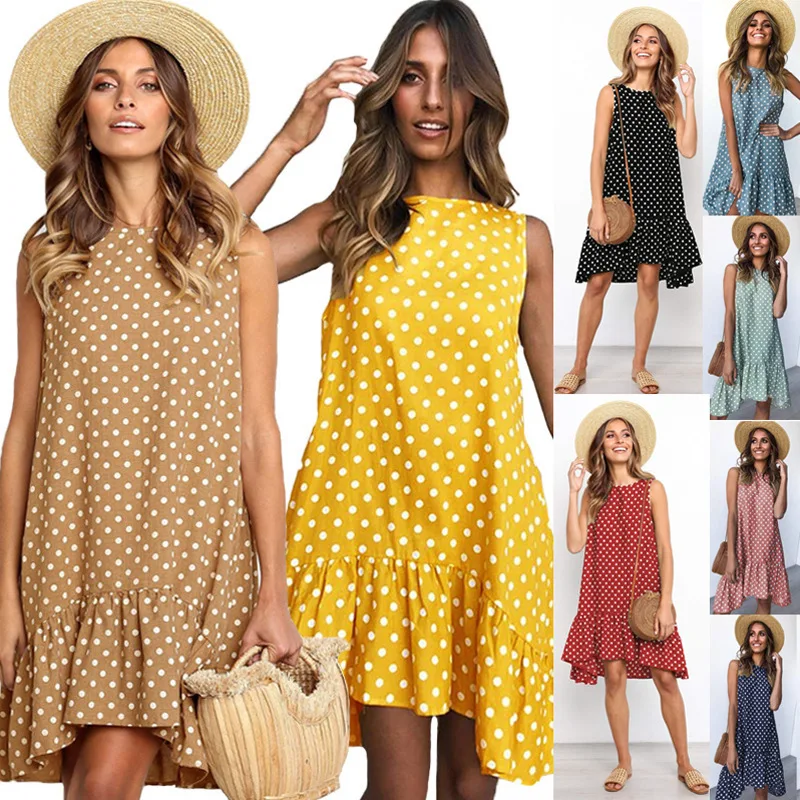 

Spring summer dress O-neck sleeveless fashion print wave point ruffled women female dress plus size 3XL Streetwear Vestidos