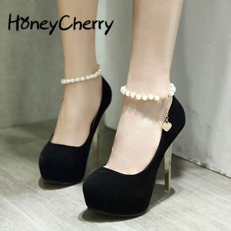 

Spring 2018 New Round Head Fashion Super High-heeled Shoes With Fine-heeled Pearl Chain For Women's Single Shoes size35-39