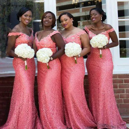 South African Arabic Mermaid Bridesmaids Dresses Elegant Off Shoulder Coral With Beads Sequins Wedding Guest Party Gowns BO7392  126 (2)