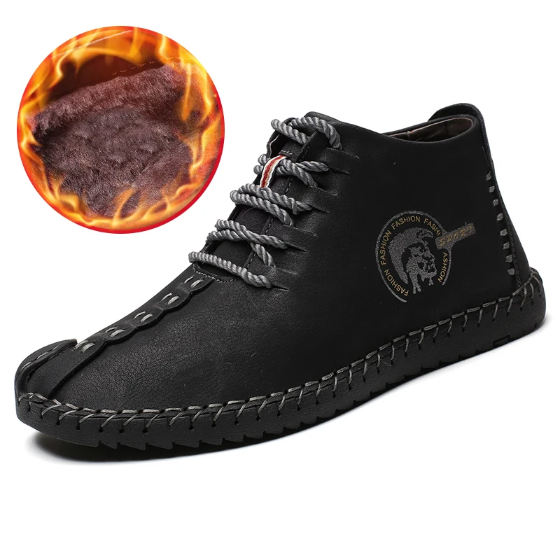 

Fashion Men Boots High Quality Split Leather Ankle Snow Boots Shoes Warm Fur Plush Lace-Up Winter Shoes Plus Size 38~48