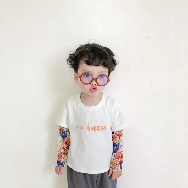 Рубашки для мальчиков 2, 3, 4, 5, 6, 7 лет, модные топы с длинными рукавами и вышивкой с героями мультфильмов для мальчиков, Повседневные детские футболки из двух предметов с надписями