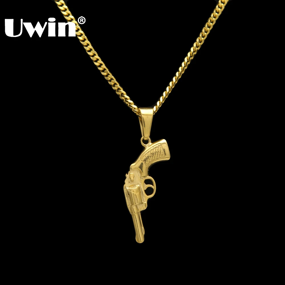 

Uwin Retro Men Women Gun Pendant Stainless Steel Gold Color Cool Revolver Model American Style Pendant Necklace Dropshipping
