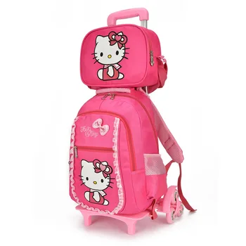 

New Primary School Trolley book Bags cartoon hello kitty backpack kids wheeled bag for girls Anime School bags jojo siwa