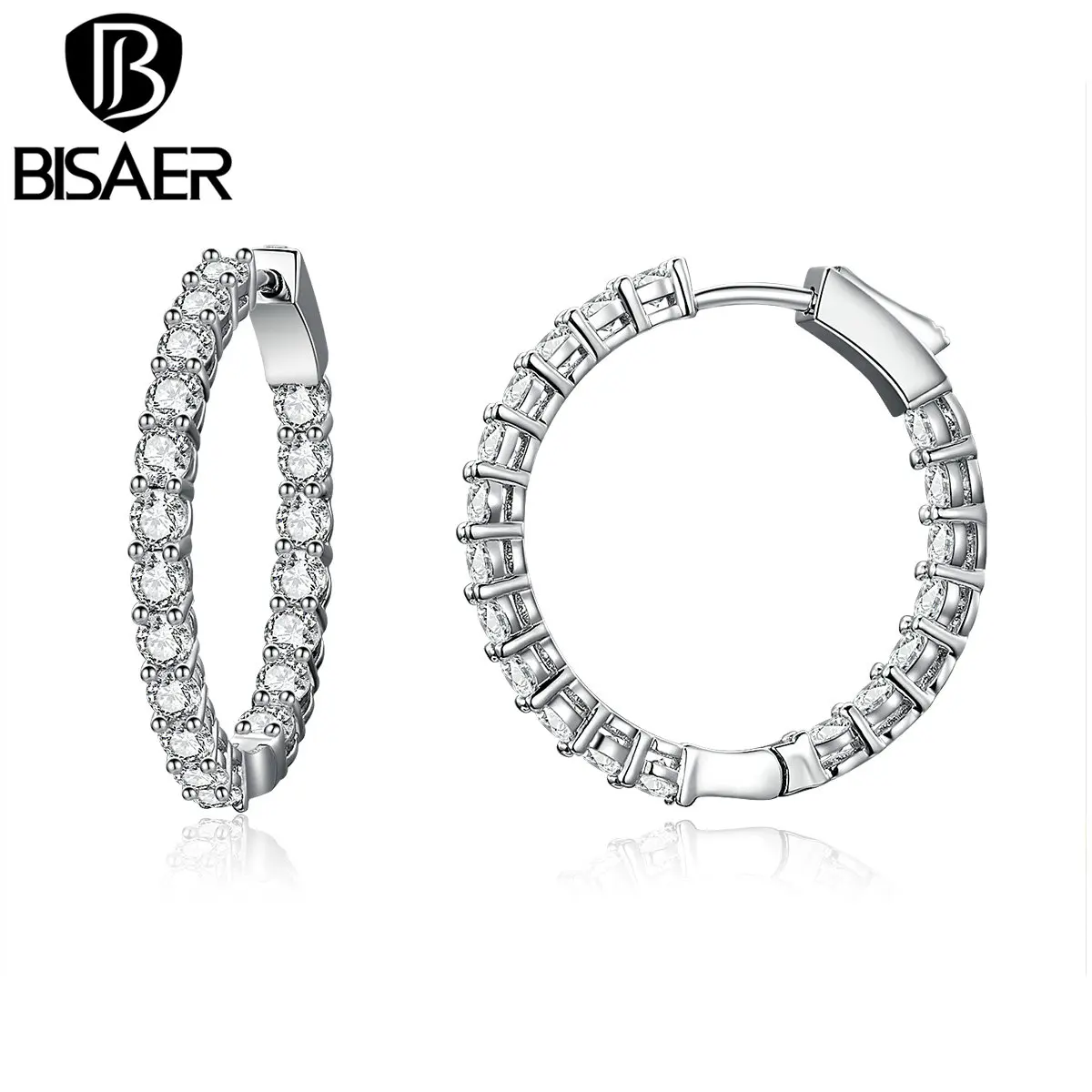 Женские круглые серьги кольца BISAER серебристые сережки с прозрачным фианитом
