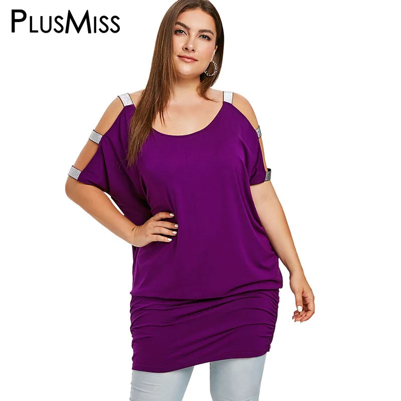 PlusMiss плюс размеры 5XL Cut Out Cold Shoulder Свободная блузка для женщин летние XXXXL XXXL XXL короткий рукав длинный топ дамы большой 2019