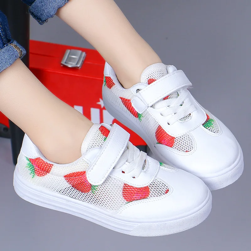 Strawberry print Kid Shoes For Student Girls White Sport Shoes Breathable Children Casual Shoes 4T 5T 6T 7T 8T 9T 10T 11T-15T
