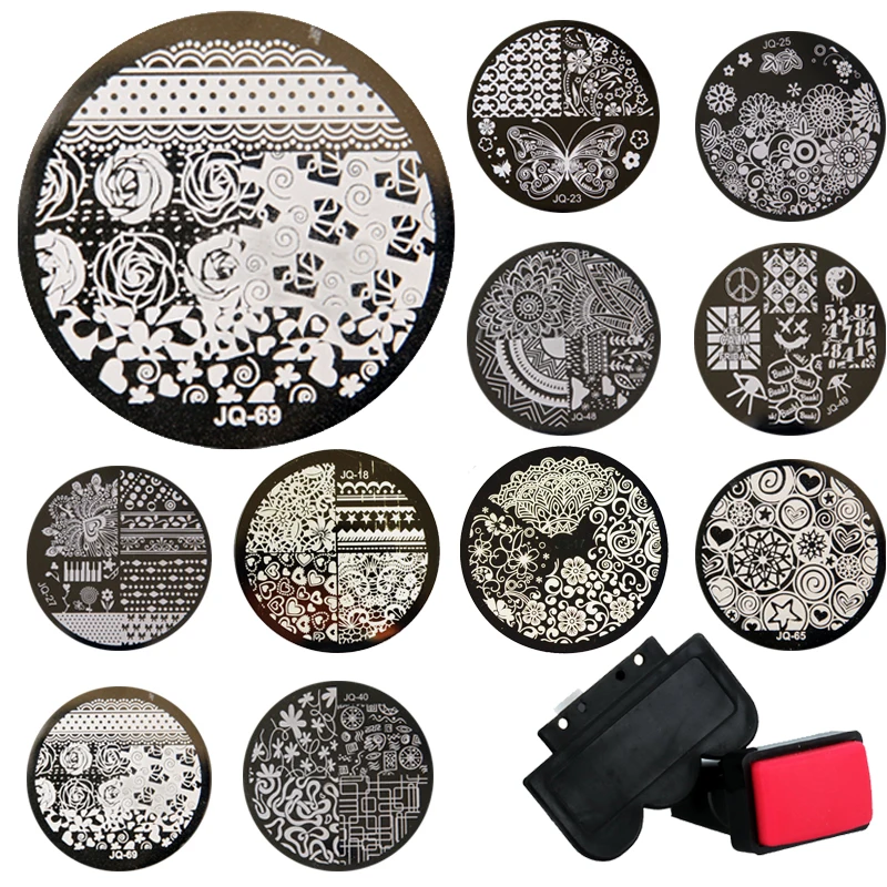 

Wholsale 1sets Stamping Kits 10pcs Stamp+Stamper+Scraper Nail Art Round Stainless Steel Plates DIY Polish Templates Nail Tools