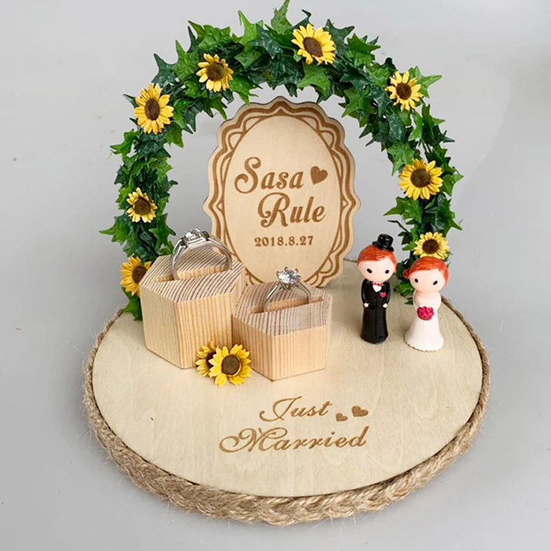 

1pcs Personalized Wood flower Rustic Engagement Wedding party decoration photo prop booth Custom name Ring bearer cushion pillow