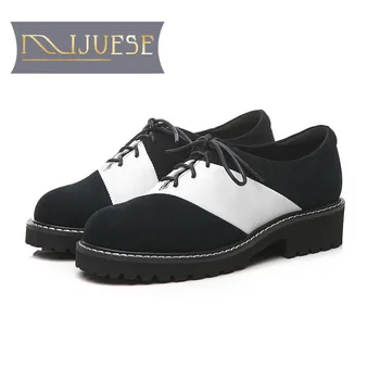 

MLJUESE 2019 women pumps autumn spring Cow leather+Kid Suede lace up mixed colors brogue style round toe low heels shoes