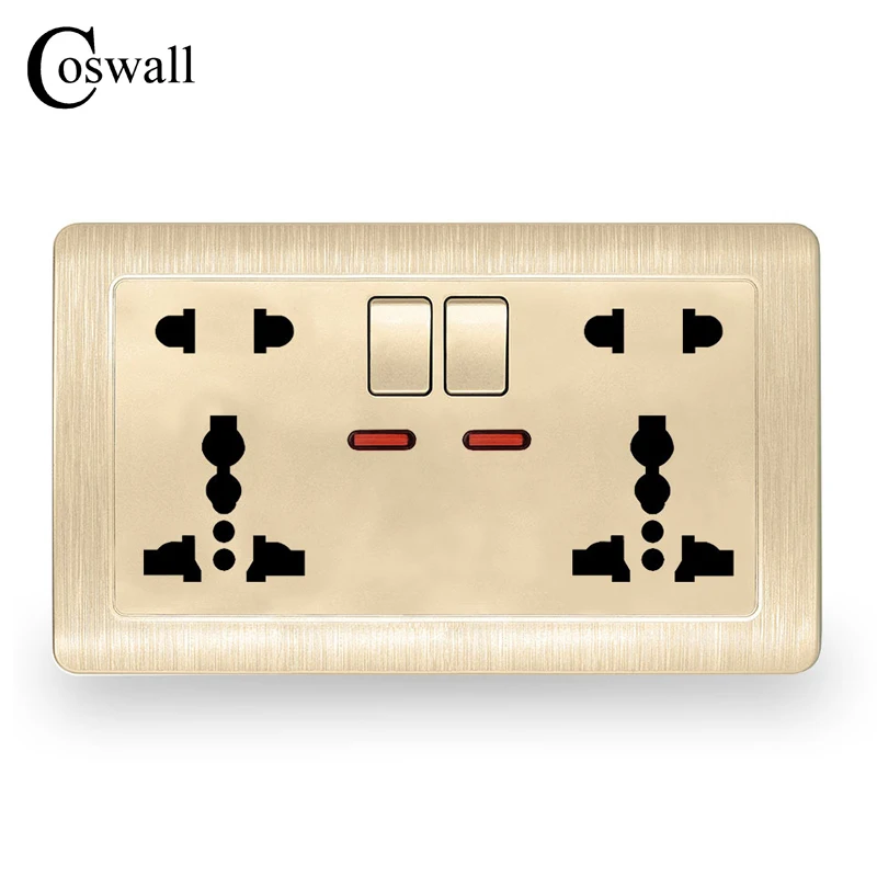 

Coswall Wall Power Socket 13A 2 Gang Universal 5 Hole Switched Outlet With Red Neon Indicator Gold Color