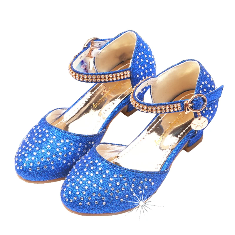 

New Flower Little Girl Children Glitter Rhinestone High-heeled Shoes For Teens Girls Party And Wedding Dance Princess Shoes Blue