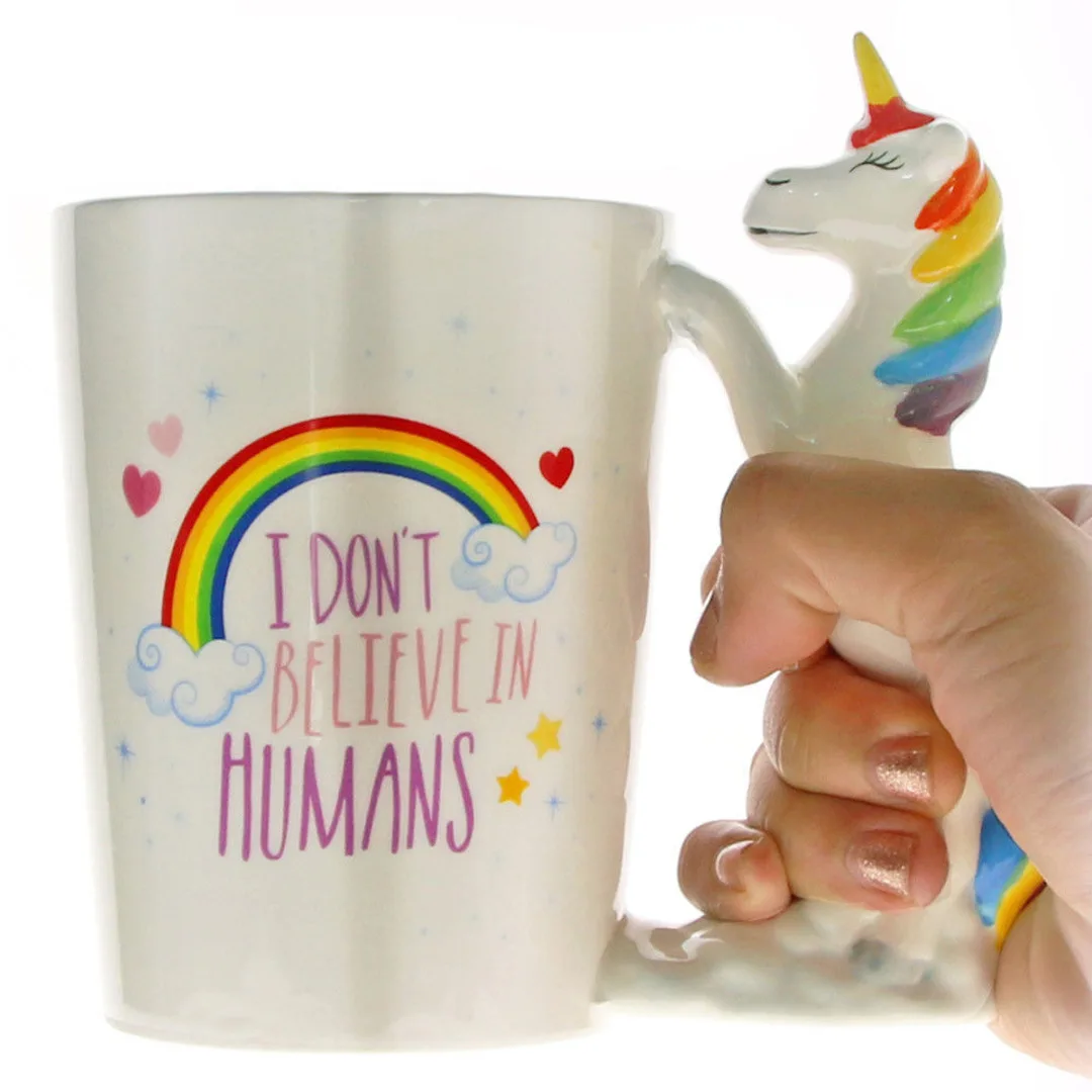 3D Newest Cute Quirky Rainbow Unicorn Coffee Mug I Dont Believe In Humans Office Tea Cup