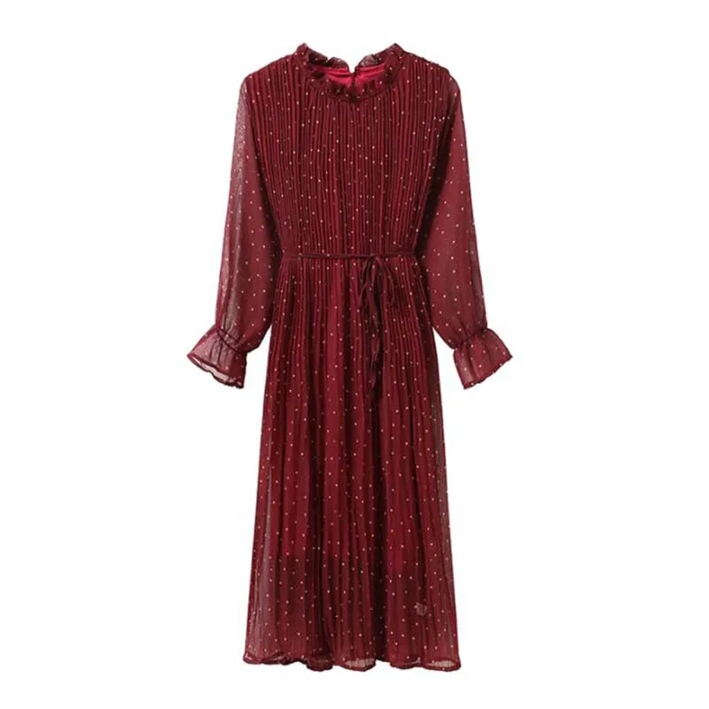 Price Women Print Pleated Chiffon Dress 2019 Spring Summer New Hot Fashion Female Casual Flare Sleeve Lotus leaf neck Basic Dresses