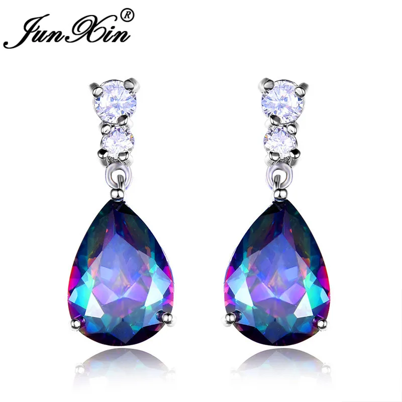 

JUNXIN Mystic Fire Zircon Teardrop Zircon Drop Earrings For Women Purple Blue Green Rainbow Pear Stone Wedding Earrings Female