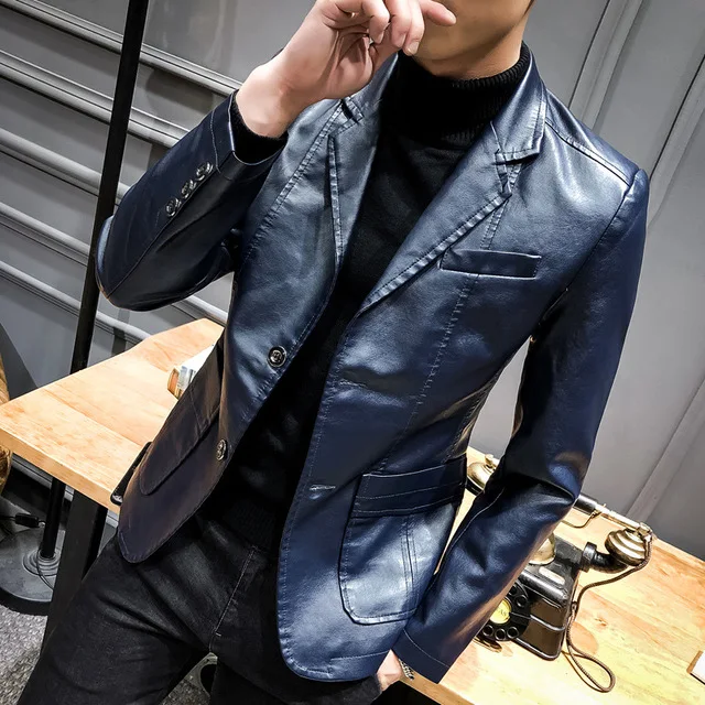 British Style Spring Autumn Mens Slim Fit Pu Leather Jacket Business Casual Blazer Men Faux Leather Blasers Masculino British Style Spring Autumn Mens Slim Fit Pu Leather Jacket Business Casual Blazer Men Faux Leather Blasers Masculino