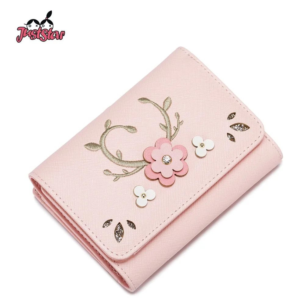 

JUST STAR Women's PU Leather Wallets Ladies Fashion Embroidery Short Purse Female Flower Card Holder Girl Gift Wallets JZ4492