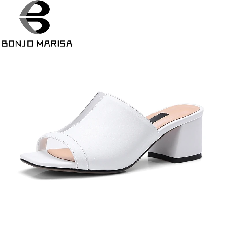 

BONJOMARISA 2019 Cow Genuine Leather Patchwork Black Office Woman Concise Square High Heel Women Shoes Summer Sandals
