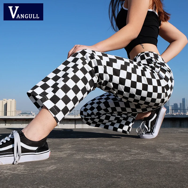 

Vangull Plaid Pants Womens High Waist Checkered Straight Loose Sweat Pants Casual Fashion Trousers Pantalon Femme Sweatpants