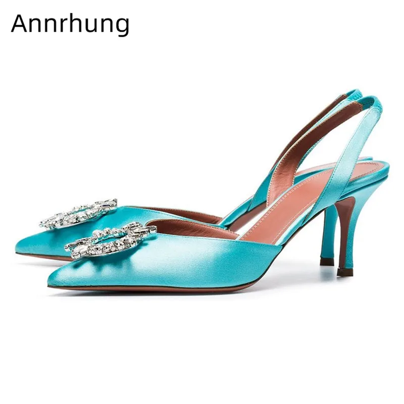 

Thin Heel Satin Sandals Crystal Flower Shoes Women Pointed Toe High Heels Clear PVC Sandals Party Shoes Back Strap Sandalias