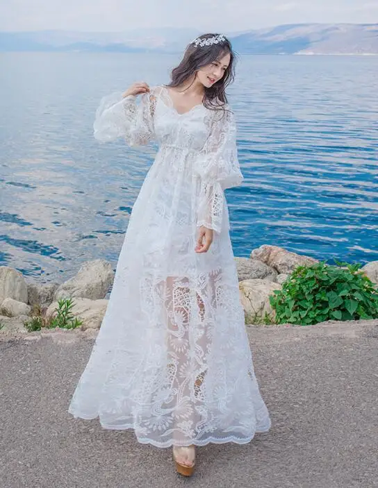 

Free Shipping Good Quality Sexy Slash Collar Lace Emblished Hollow Out Two Pieces Trumpet Sleeves Woman Long Dress White