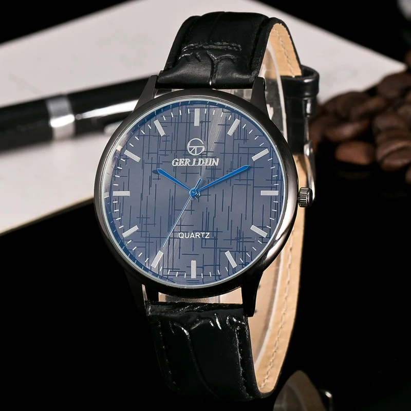 2017 GERIDUN кварцевые часы для мужчин Топ Бренд черные кожаные мужские Relojes Hombre Horloge