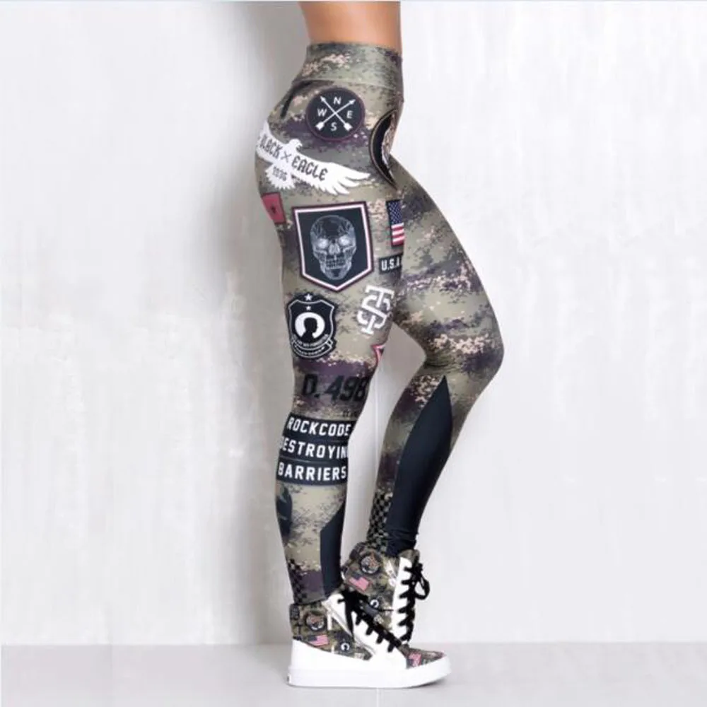 2018 новых печатных армии обтягивающие женские леггинсы для фитнеса письмо Высокая Талия спортивные штаны эластичные 3D принт Для женщин
