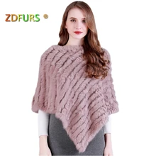 ZDFURS* Настоящий вязаный кроличий мех пончо обёрточная бумага пашмины шарфы женский вечерний пуловер натуральный кроличий мех шаль треугольная накидка