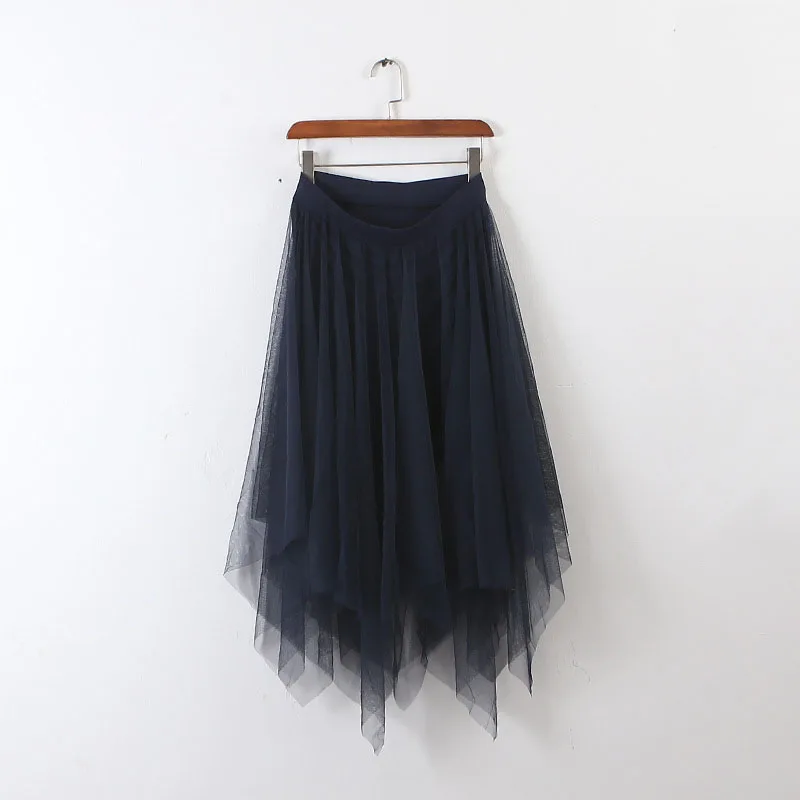 Эластичная длинная юбка из тюля для женщин,, высокая талия, плиссированная юбка-пачка, школьная, нестандартный подол, марля, сетка, модал, кружево, трапециевидная юбка средней длины - Цвет: 2