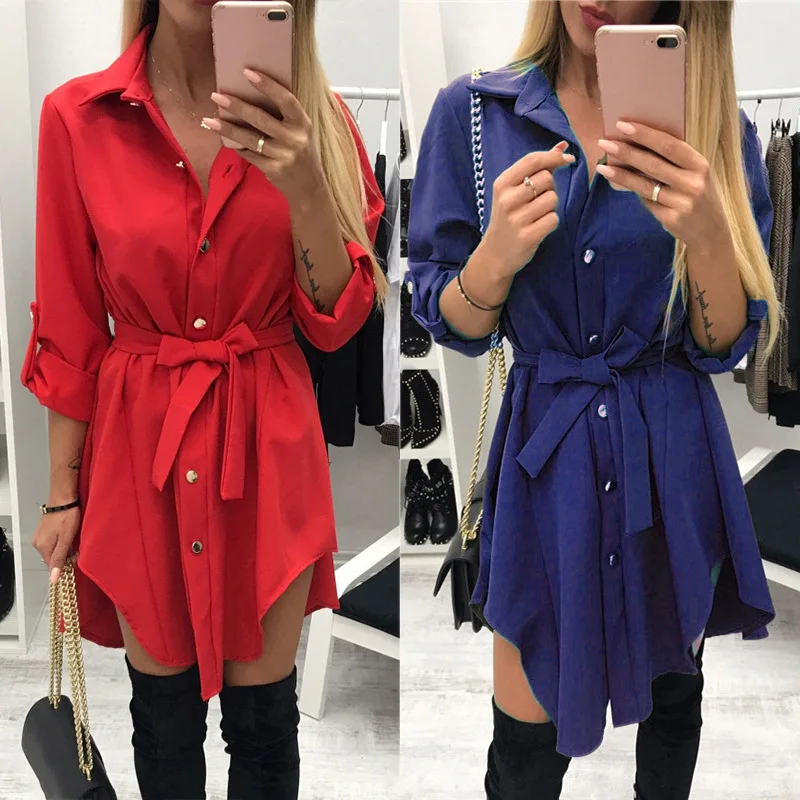 

2019 Spring Women Casual Office Ladies Dress Long Sleeve Turn over Neck Asymmetrical Shirt Dress Plus Size Dress Vestidos