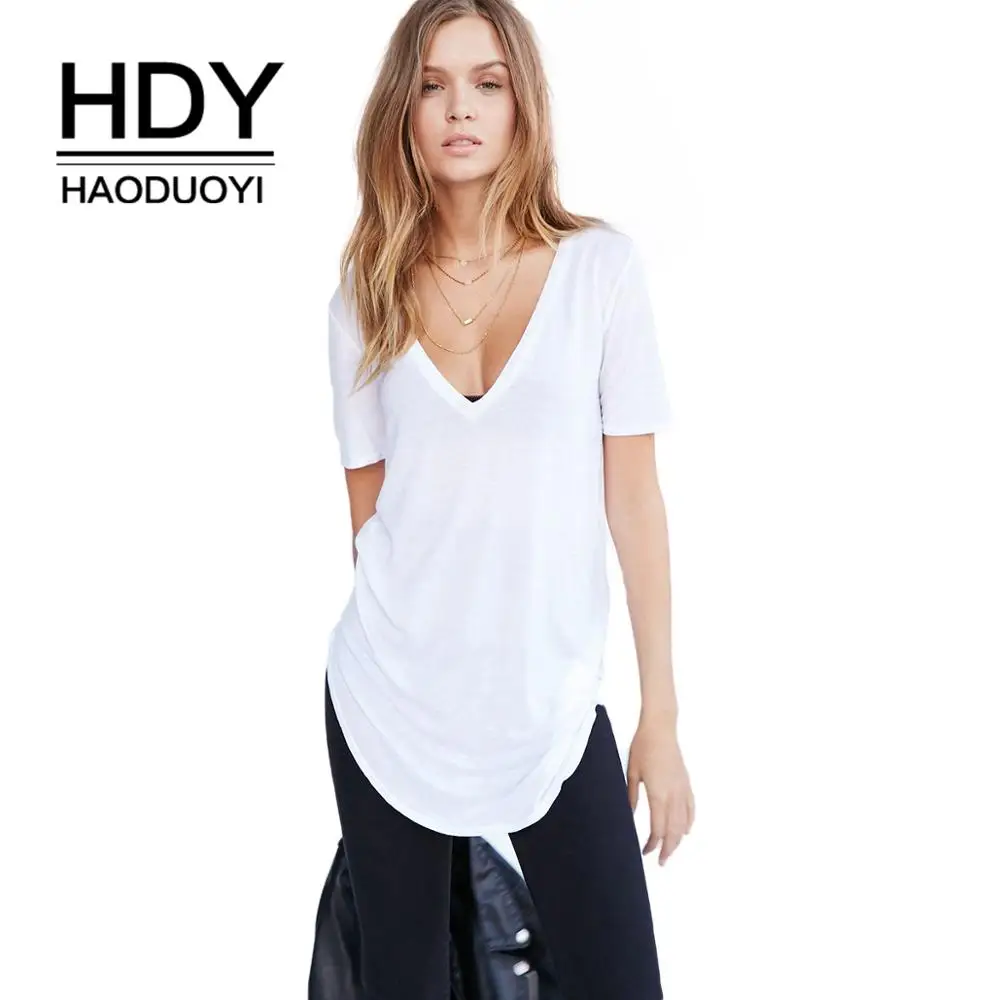HDY Haoduoyi,, простая, повседневная, ленивая, ветряная, одноцветная, с v-образным вырезом, сексуальная, свободная, тонкая, длинная футболка, Новое поступление
