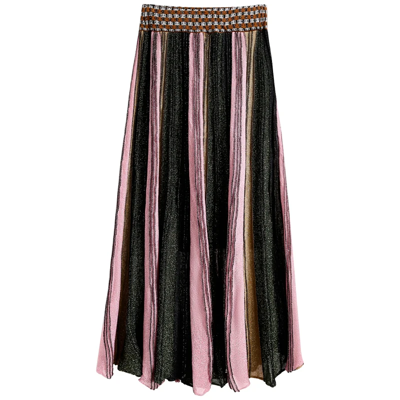 

Qooth 2019 New Skirts Designer Runway Summer Women Knitted Skirt Elegant Vintage Color Patchwork Striped Fashion Skirts QH1811