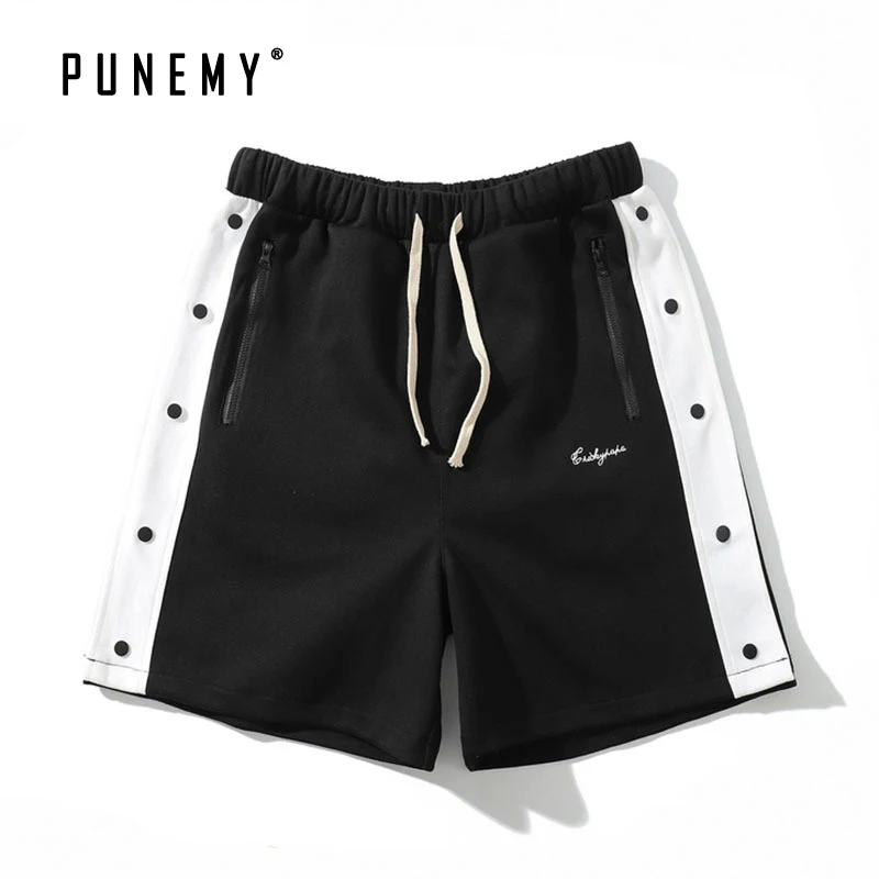 

Side Button Striped Mens Shorts Drawstring Straight Shorts Sportswear High Street Vintage Sweatpants Man's Short Pants