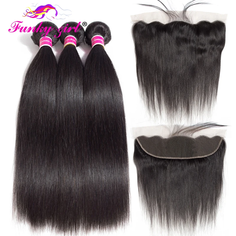 

Funky Girl Lace Frontal Closure With Bundles Peruvian Straight Human Hair Bundles With Closure Remy Hair Frontal with Bundles