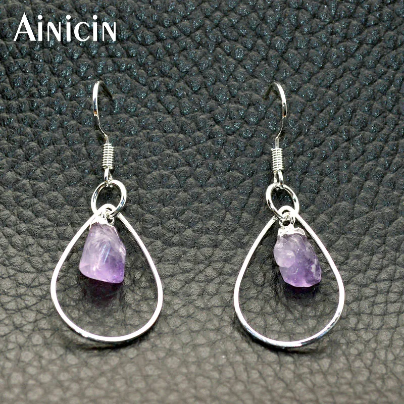 

Natural Drusy Purple Crystal Inlay Dangle Earrings Gold Plating Rhinestone CZ Setting Hook Fashion Women Party Jewelry