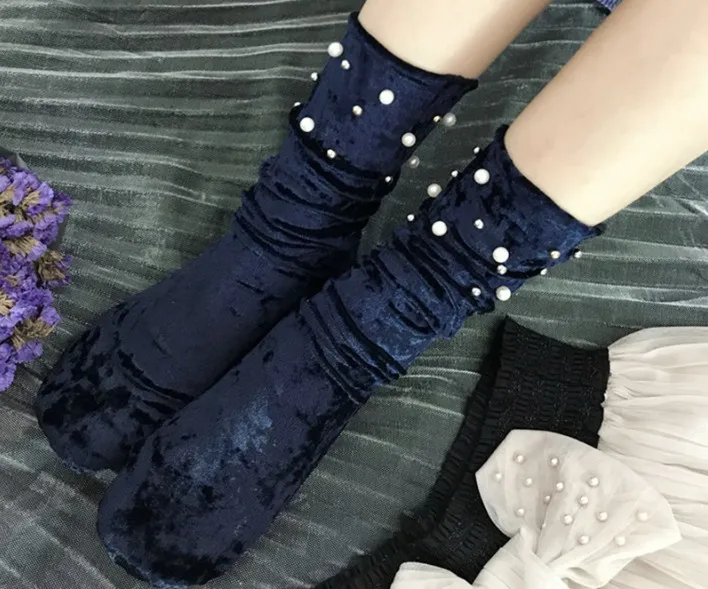 Gtglad/Новое поступление; корейский стиль; блестящие носки с серебряными бусинами; женские зимние Бархатные носки; воздухопроницаемые носки; ворсовые Носки - Цвет: Navy