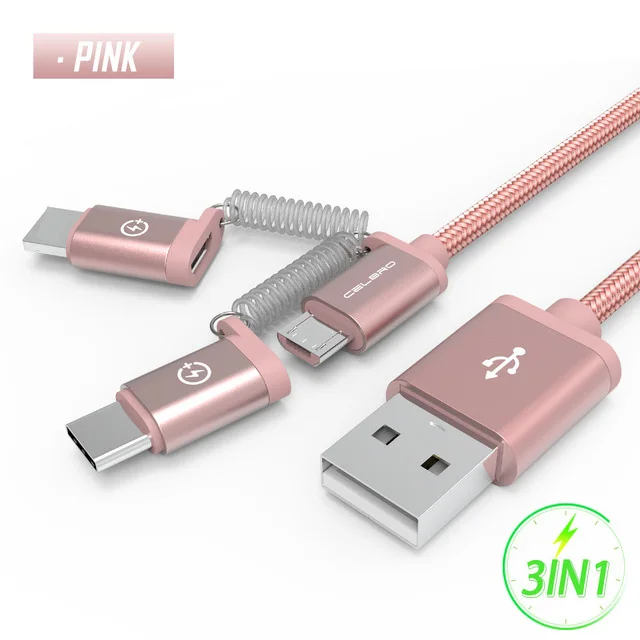 3 в 1 usb type C кабель для зарядки для Oppo Meizu LG Android кабели для мобильных телефонов USBC MicroUSB кабель для передачи данных 2.4A 1 м - Цвет: Pink