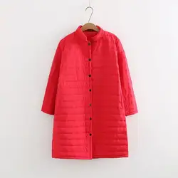 Большие размеры, тонкая красная стеганая осенне-зимняя куртка для женщин, хлопковое длинное стеганое пальто, верхняя одежда, теплая парка