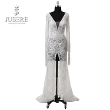 2018 Ivory Appliques Deep V neckline Wedding dresses Illusion Bridal Pearl Straps Sleeves Middle Slit Keyhole Back Wedding Gowns