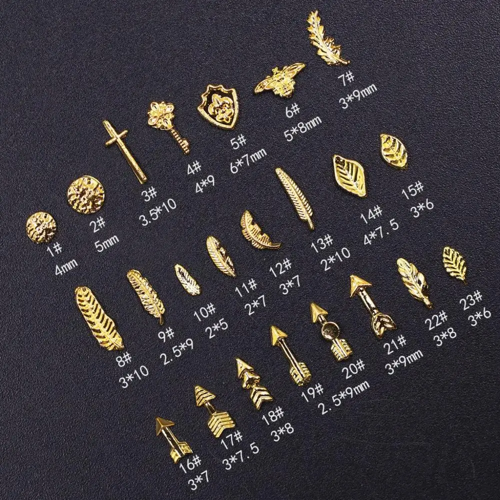 

100pcs/lot 3D Alloy Gold Feather Arrow Leaves Cross Rivets Studs Metal Manicure Nail Art Accessories DIY Nail Decoration Charms