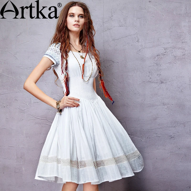Artka лета женщин новая Boho стиль этническая вышивка платье O вырезом с коротким