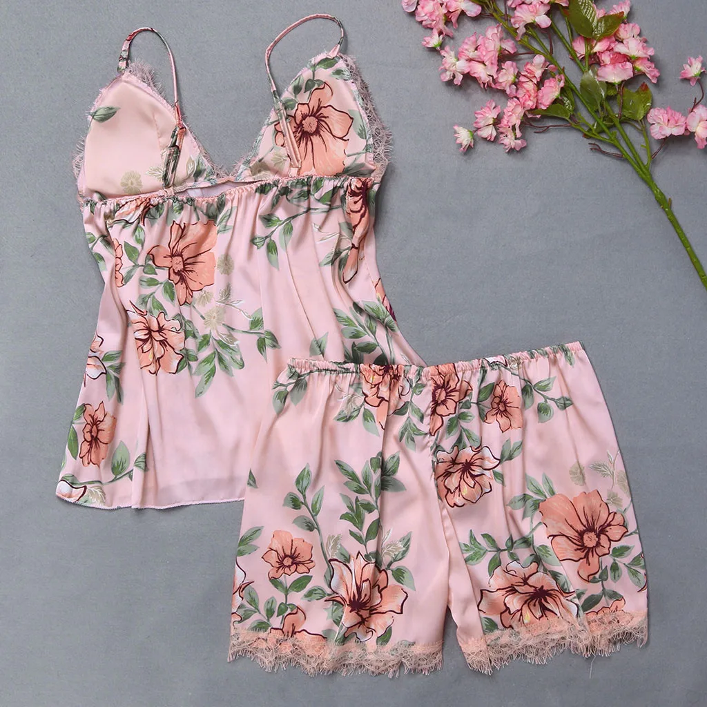 

Women Fashionable Sexy Flower Printed Patchwork Lace Ladies Nightwear Sleepwear Pajama Set Pijamas Para As Mulheres Four Seasons