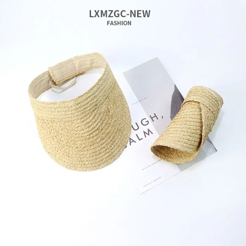 

Ladies Summer Handmade Woven Raffia Straw Sun Visor Hat Empty Top Wide Brim UV Protection Adjustable Foldable Peaked Beach Cap