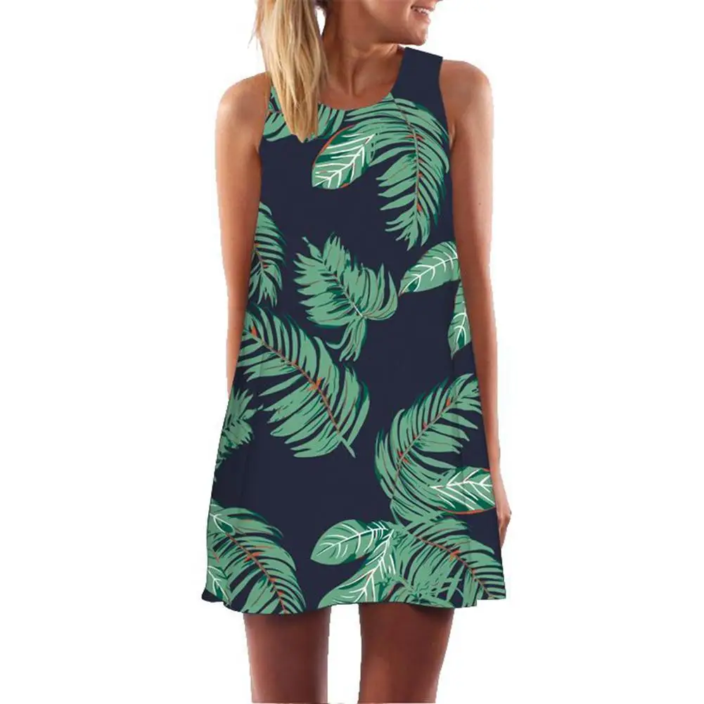 

Women Summer Beach Sexy Sleeveless Vintage A-Line Palm Leaf Note Digital Print Round Neck Above Knee Mini Vest Dress