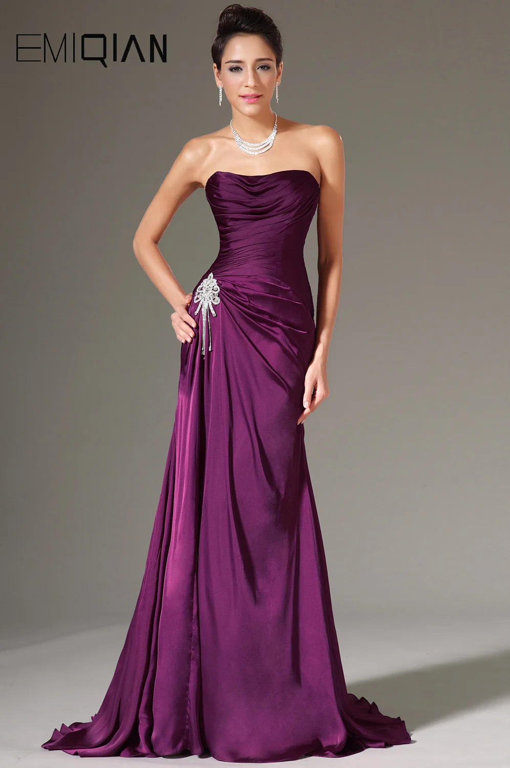 

New Simple Strapless Ruched Bodice Beading Decoration Formal Evening Gown