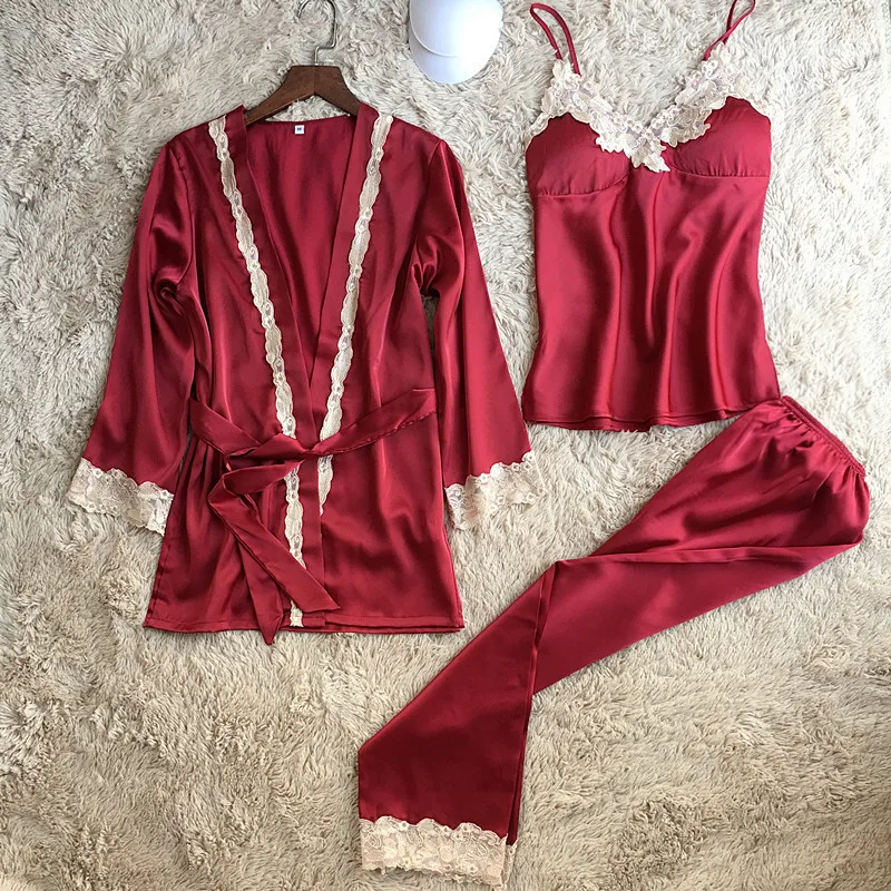 

Lace Sexy 3 Pcs Women Pajama Set With Removeable Pad Nightdress+Cardigan+ Long Pant Set Female Pijama